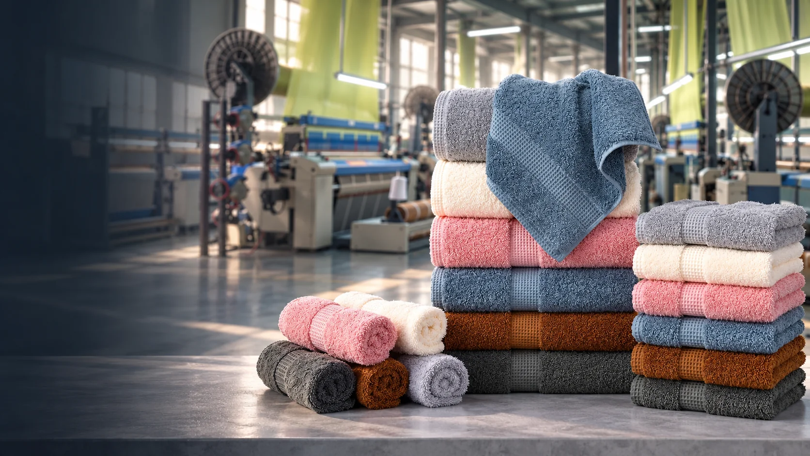 Tianyuan towels with textile production in the background